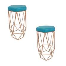 Conjunto 2 Banquetas Decorativa Hexagonal Aramado Bronze Suede Azul Tifany Rocha Móveis