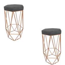 Conjunto 2 Banquetas Decorativa Hexagonal Aramado Bronze Suede Cinza Rocha Móveis