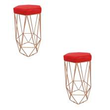 Conjunto 2 Banquetas Decorativa Hexagonal Aramado Bronze Suede Vermelho Rocha Móveis