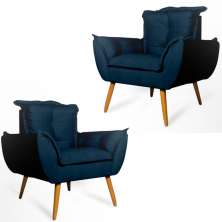 Conjunto 2 Poltronas Decorativa Opala Suede Azul Marinho Rocha Móveis