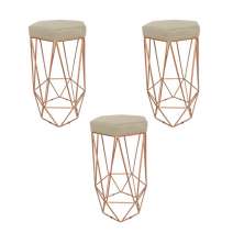 Conjunto 3 Banquetas Decorativa Hexagonal Aramado Bronze Suede Bege Rocha Móveis
