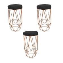 Conjunto 3 Banquetas Decorativa Hexagonal Aramado Bronze Suede Preto Rocha Móveis