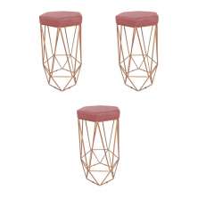 Conjunto 3 Banquetas Decorativa Hexagonal Aramado Bronze Suede Rosê Rocha Móveis