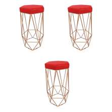 Conjunto 3 Banquetas Decorativa Hexagonal Aramado Bronze Suede Vermelho Rocha Móveis