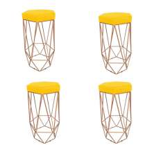 Conjunto 4 Banquetas Decorativa Hexagonal Aramado Bronze Suede Amarelo Rocha Móveis