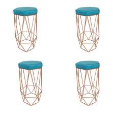 Conjunto 4 Banquetas Decorativa Hexagonal Aramado Bronze Suede Azul Tifany Rocha Móveis