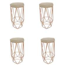 Conjunto 4 Banquetas Decorativa Hexagonal Aramado Bronze Suede Bege Rocha Móveis