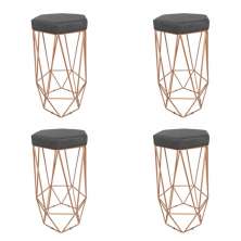 Conjunto 4 Banquetas Decorativa Hexagonal Aramado Bronze Suede Cinza Rocha Móveis