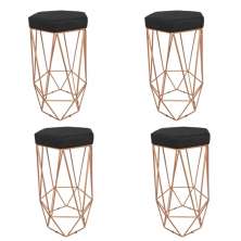 Conjunto 4 Banquetas Decorativa Hexagonal Aramado Bronze Suede Preto Rocha Móveis