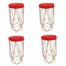 Conjunto 4 Banquetas Decorativa Hexagonal Aramado Bronze Suede Vermelho Rocha Móveis