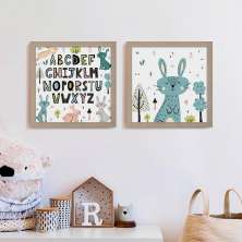 Conjunto com 2 Quadros Decorativos Alfabeto Coelhos Bege