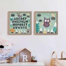 Conjunto com 2 Quadros Decorativos Alfabeto Floresta Bege