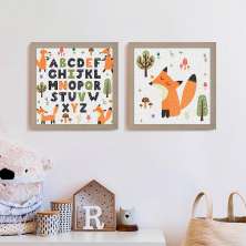 Conjunto com 2 Quadros Decorativos Alfabeto Raposas Bege