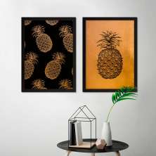 Conjunto com 2 Quadros Decorativos Pineapple Preto e Dourado