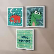 Conjunto com 3 Quadros Decorativos Dinos Branco