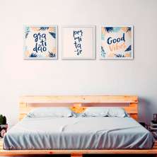Conjunto com 3 Quadros Decorativos Good Vibes Branco e Laranja