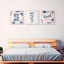 Conjunto com 3 Quadros Decorativos Good Vibes Branco e Rosa