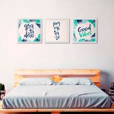 Conjunto com 3 Quadros Decorativos Good Vibes Branco e Verde