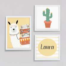Conjunto com 3 Quadros Decorativos Lhama Aventureira Branco e Amarelo