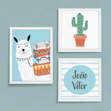Conjunto com 3 Quadros Decorativos Lhama Aventureira Branco e Azul