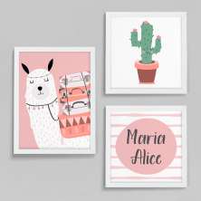 Conjunto com 3 Quadros Decorativos Lhama Aventureira Branco e Rosa