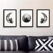 Conjunto com 3 Quadros Decorativos Lua Aquarela Preto
