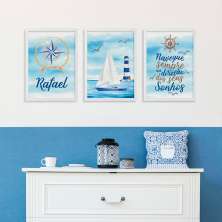 Conjunto com 3 Quadros Decorativos Navegar Branco