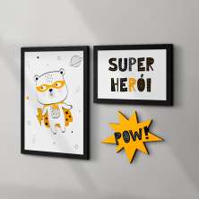 Conjunto com 3 Quadros Decorativos Super Herói Preto