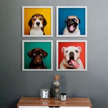 Conjunto com 4 Quadros Decorativos Filhotes Branco