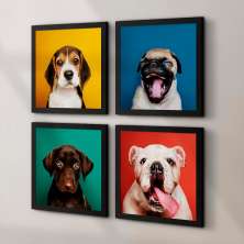 Conjunto com 4 Quadros Decorativos Filhotes Preto