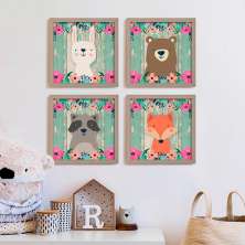Conjunto com 4 Quadros Decorativos Floresta Encantada Bege
