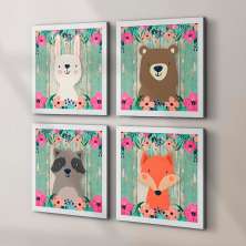 Conjunto com 4 Quadros Decorativos Floresta Encantada Branco