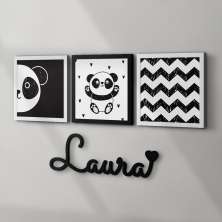 Conjunto com 4 Quadros Decorativos Panda Preto