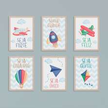Conjunto com 6 Quadros Decorativos Aviãozinho Bege