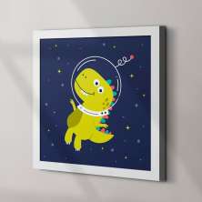 Quadro Decorativo com Moldura Dino Astronauta Branco