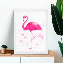 Quadro Decorativo com Moldura Flamingo Aquarela Branco