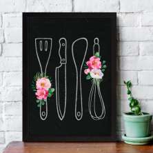 Quadro Decorativo com Moldura Talheres e Flores Preto