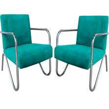 Kit 2 Poltronas Para Sala de Espera Recepção Em Suede Verde Água Com Braços Cromados Decorativa Confortável Até 120 Kg - PS