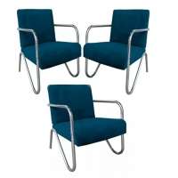 Kit 3 Poltronas Para Sala de Espera Recepção Em Suede Azul Marinho Com Braços Cromados Decorativa Confortável Até 120 Kg - PS