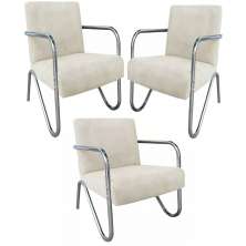 Kit 3 Poltronas Para Sala de Espera Recepção Em Suede Bege Com Braços Cromados Decorativa Confortável Até 120 Kg - PS