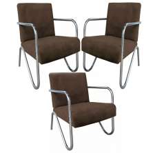 Kit 3 Poltronas Para Sala de Espera Recepção Em Suede Marrom Com Braços Cromados Decorativa Confortável Até 120 Kg - PS