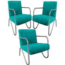Kit 3 Poltronas Para Sala de Espera Recepção Em Suede Verde Água Com Braços Cromados Decorativa Confortável Até 120 Kg - PS