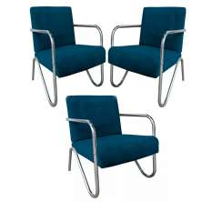 Kit 4 Poltronas Para Sala de Espera Recepção Em Suede Azul Marinho Com Braços Cromados Decorativa Confortável Até 120 Kg - PS