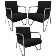 Kit 4 Poltronas Para Sala de Espera Recepção Em Suede Preto Com Braços Cromados Decorativa Confortável Até 120 Kg - PS