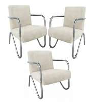 Kit 5 Poltronas Para Sala de Espera Recepção Em Suede Bege Com Braços Cromados Decorativa Confortável Até 120 Kg - PS