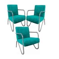 Kit 5 Poltronas Para Sala de Espera Recepção Em Suede Verde Água Com Braços Cromados Decorativa Confortável Até 120 Kg - PS