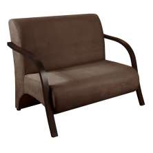 Poltrona Sofá Namoradeira 2 Lugares Decorativa Confortável para Quarto Sala de Espera Recepção Em Suede Marrom Braço de Madeira