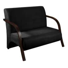 Poltrona Sofá Namoradeira 2 Lugares Decorativa Confortável para Quarto Sala de Espera Recepção Em Suede Preto Braço de Madeira
