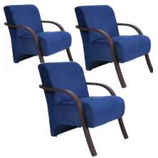 Kit 3 Poltronas Para Sala de Espera Recepção Azul Marinho Em Suede Com Braços de Madeira Decorativa Confortável Até 120 kg - PSM