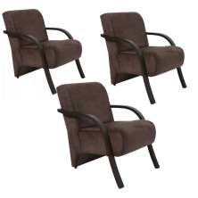 Kit 3 Poltronas Para Sala de Espera Recepção Marrom Em Suede Com Braços de Madeira Decorativa Confortável Até 120 kg - PSM